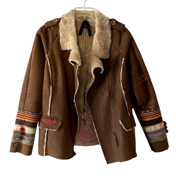 Desigual Festival Embroidered Faux Suede Shearling Boho Jacket Medium EUC - Picture 3 of 11